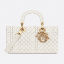 Dior Medium Lady D-Joy Bag Latte Calfskin Embroidered with Resin Pearl Cannage Motif