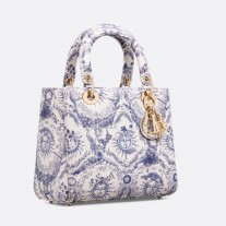 Dior Medium Lady Dior Bag White and Navy Blue Toile de Jouy Soleil Printed Calfskin