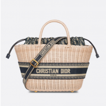 Dior Hat Basket Bag Natural Wicker and Blue Dior Oblique Jacquard