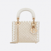 Dior Mini Lady Dior Bag White Satin Embroidered with Resin Pearls in a Floral Motif