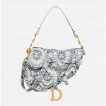 Dior Saddle Bag with Strap White and Navy Blue Toile de Jouy Soleil Printed Calfskin