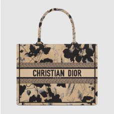 Dior Book Tote Beige and Black Fleurs Mystiques Embroidery