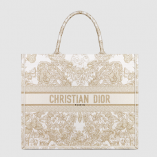 Dior Book Tote Gold-Tone and White Butterfly Around The World Embroidery