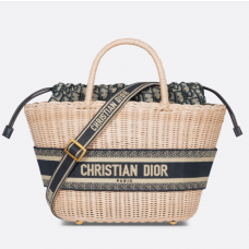 Dior Hat Basket Bag Natural Wicker and Blue Dior Oblique Jacquard