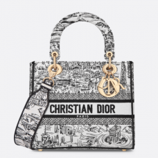 Dior Lady D-Lite Bag White and Black Paris Allover Embroidery
