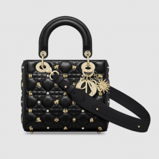 Dior Lady Dior Bag Black Cannage Calfskin Gold-Finish Zodiac Sign Studs