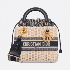 Dior Lady Dior Bag Natural Wicker and Blue Dior Oblique Jacquard