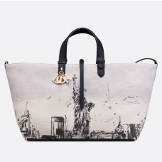 Dior Large Toujours Bag Latte and Black Canvas with New York Print
