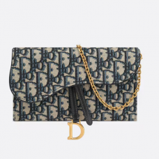 Dior Long Saddle Wallet with Chain Blue Dior Oblique Jacquard