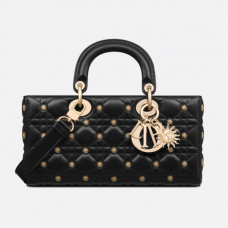 Dior Medium Lady D-Joy Bag Black Cannage Lambskin with Gold-Finish Sun Studs