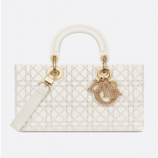 Dior Medium Lady D-Joy Bag Latte Calfskin Embroidered with Resin Pearl Cannage Motif