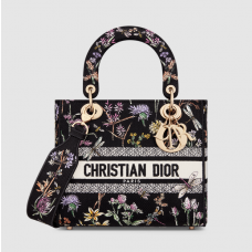 Dior Medium Lady D-Lite Bag Black Multicolor Dior Herbarium Embroidery