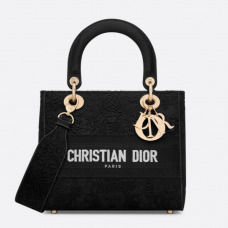Dior Medium Lady D-Lite Bag Black Toile de Jouy Soleil Macramé Embroidery