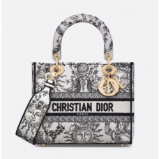 Dior Medium Lady D-Lite Bag White and Black Toile de Jouy Soleil Embroidery