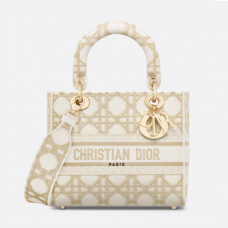 Dior Medium Lady D-Lite Bag White and Gold-Tone Macrocannage Embroidery