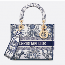 Dior Medium Lady D-Lite Bag White and Navy Blue Toile de Jouy Soleil Embroidery