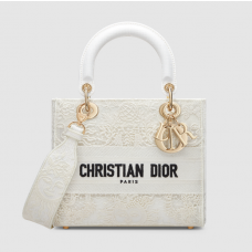Dior Medium Lady D-Lite Bag White Toile de Jouy Soleil Macramé Embroidery
