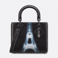 Dior Medium Lady Dior Bag Black White Crinkled Calfskin with Eiffel Tower Print