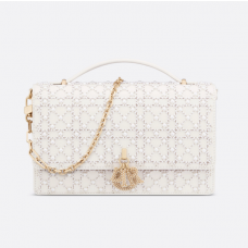 Dior Miss Dior Top Handle Bag Latte Calfskin Embroidered with Resin Pearl Cannage Motif