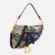 Dior Saddle Bag Blue Denim Embroidered Multicolor Raffia Blossomtime Motif