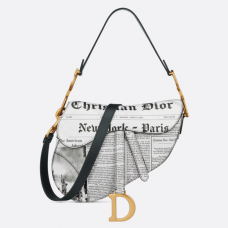 Dior Saddle Bag with Strap White and Black Calfskin with Newspaper Print