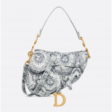 Dior Saddle Bag with Strap White and Navy Blue Toile de Jouy Soleil Printed Calfskin